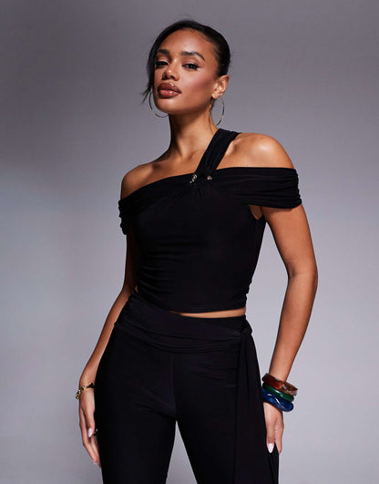 Exclusive Slinky Asymmetric One Shoulder Gold Hardware Detail Top Co-Ord