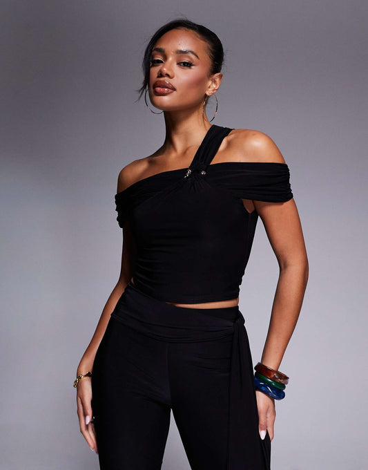 Exclusive Slinky Asymmetric One Shoulder Gold Hardware Detail Top Co-Ord