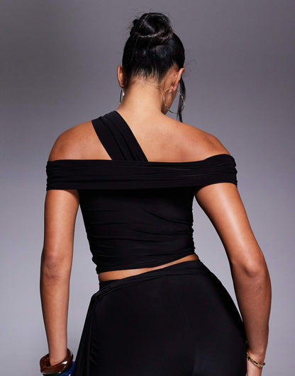 Exclusive Slinky Asymmetric One Shoulder Gold Hardware Detail Top Co-Ord