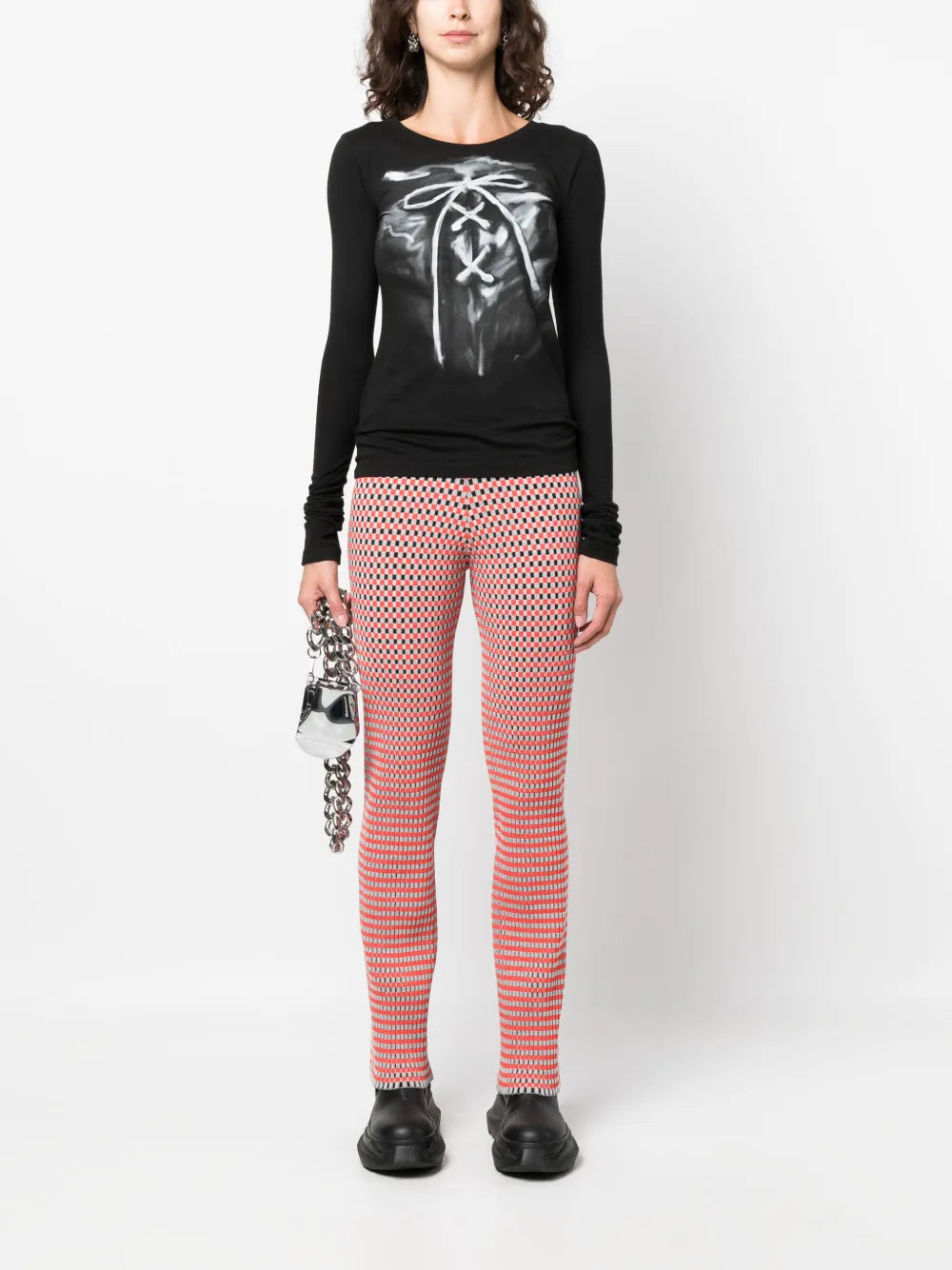 Check-Pattern Ribbed-Knit Trousers