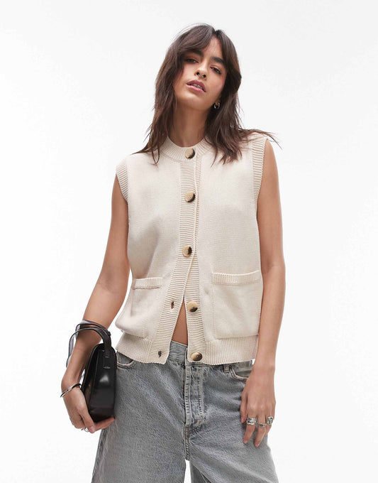 Knitted Open Stitch Button Down Tank Top