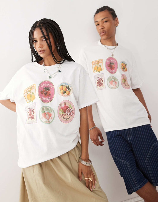 Unisex Oversized T-Shirt With Fruit Sticker Print