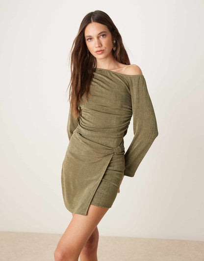 Co-Ord Textured Long Sleeve Off Shoulder Top