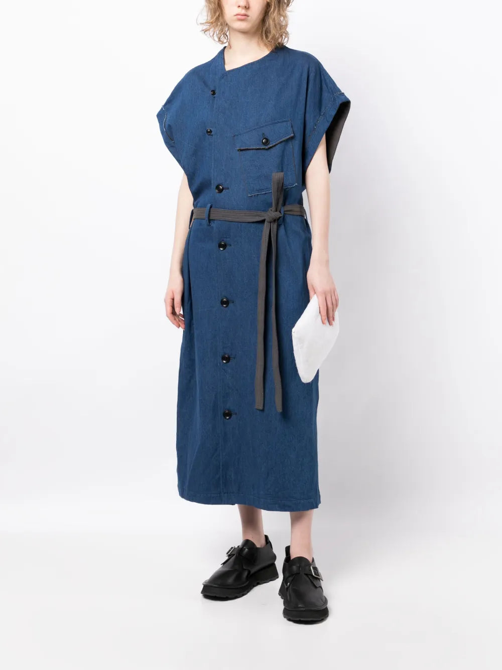 Belted-Waist Twill Denim Dress