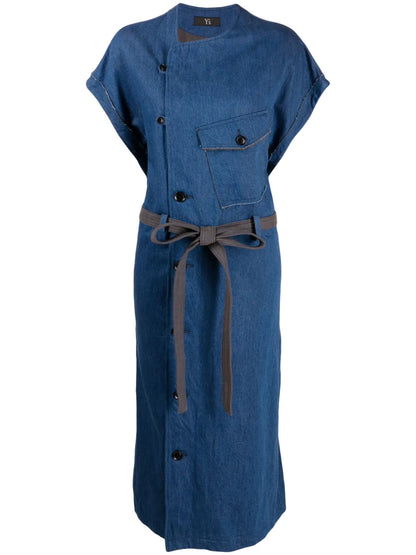 Belted-Waist Twill Denim Dress