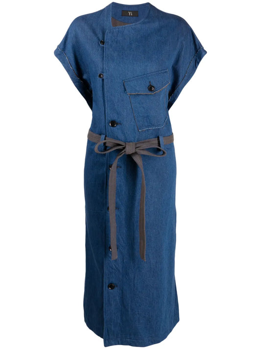 Belted-Waist Twill Denim Dress