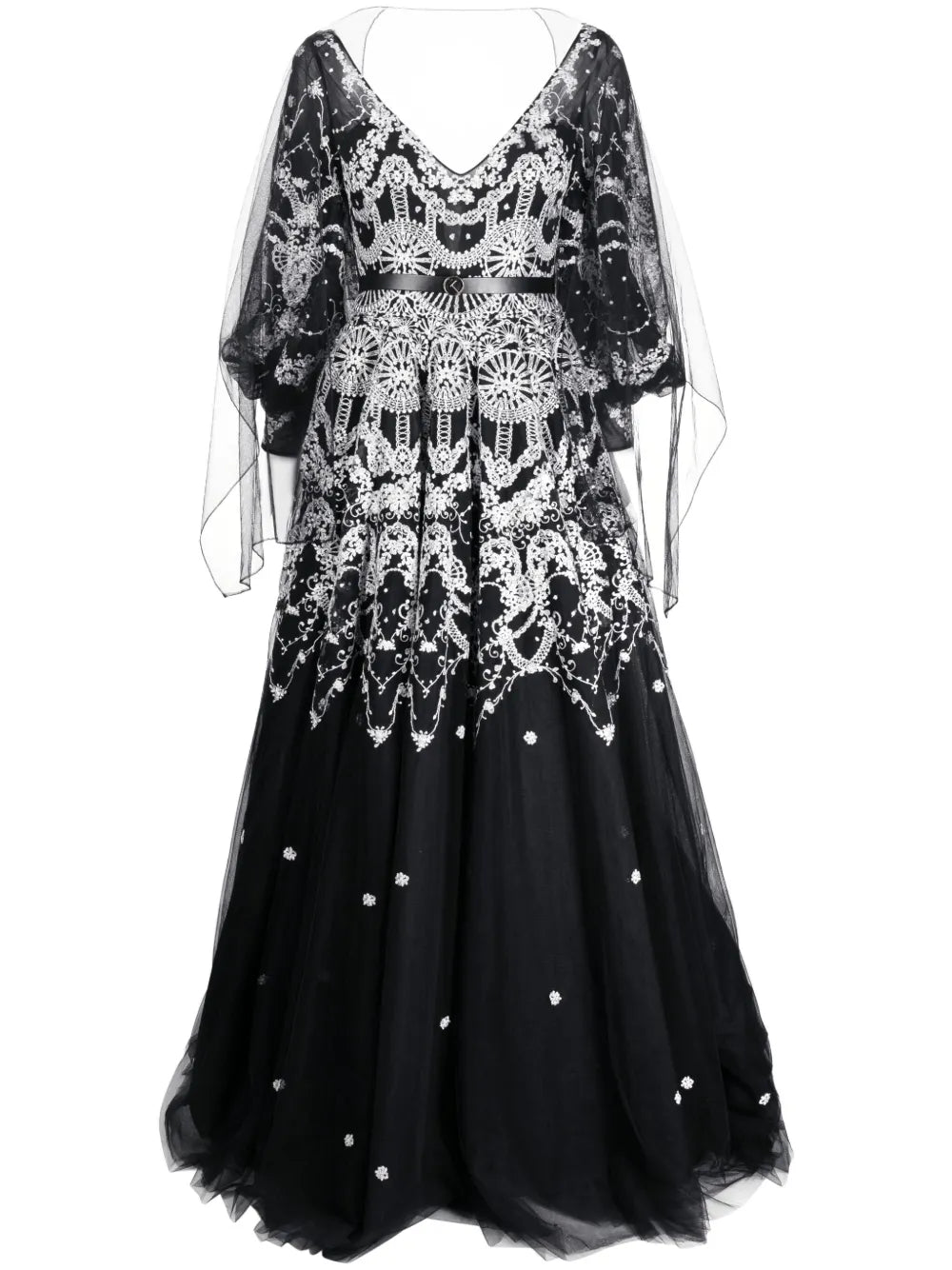 Patterned-Lace Flared Tulle Gown