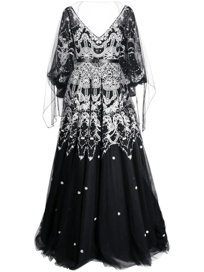 Patterned-Lace Flared Tulle Gown