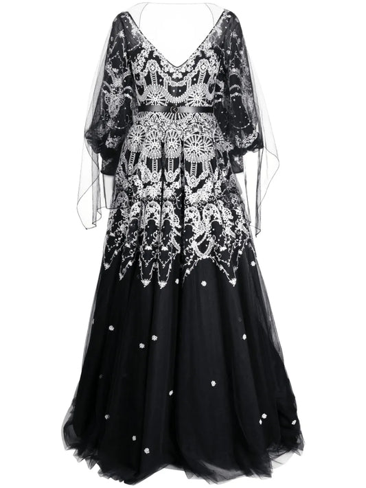 Patterned-Lace Flared Tulle Gown