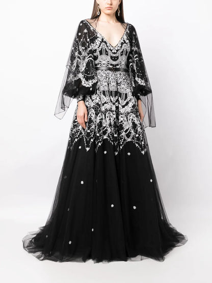 Patterned-Lace Flared Tulle Gown