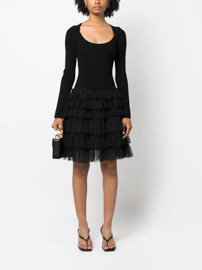 Long-Sleeved Tulle-Skirt Dress