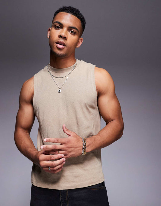 Crew Neck Boxy Linen Mix Tank