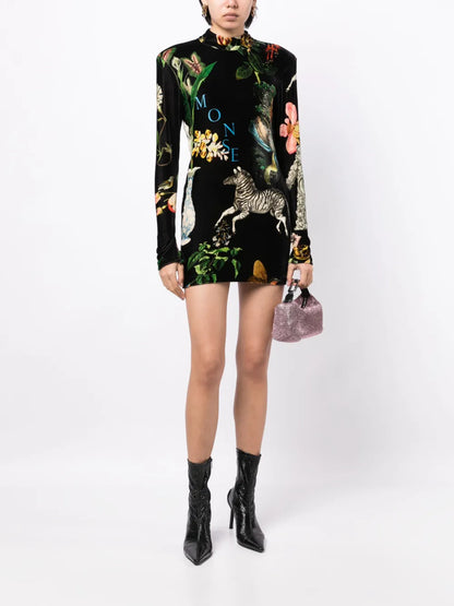 Graphic-Print Velvet Minidress
