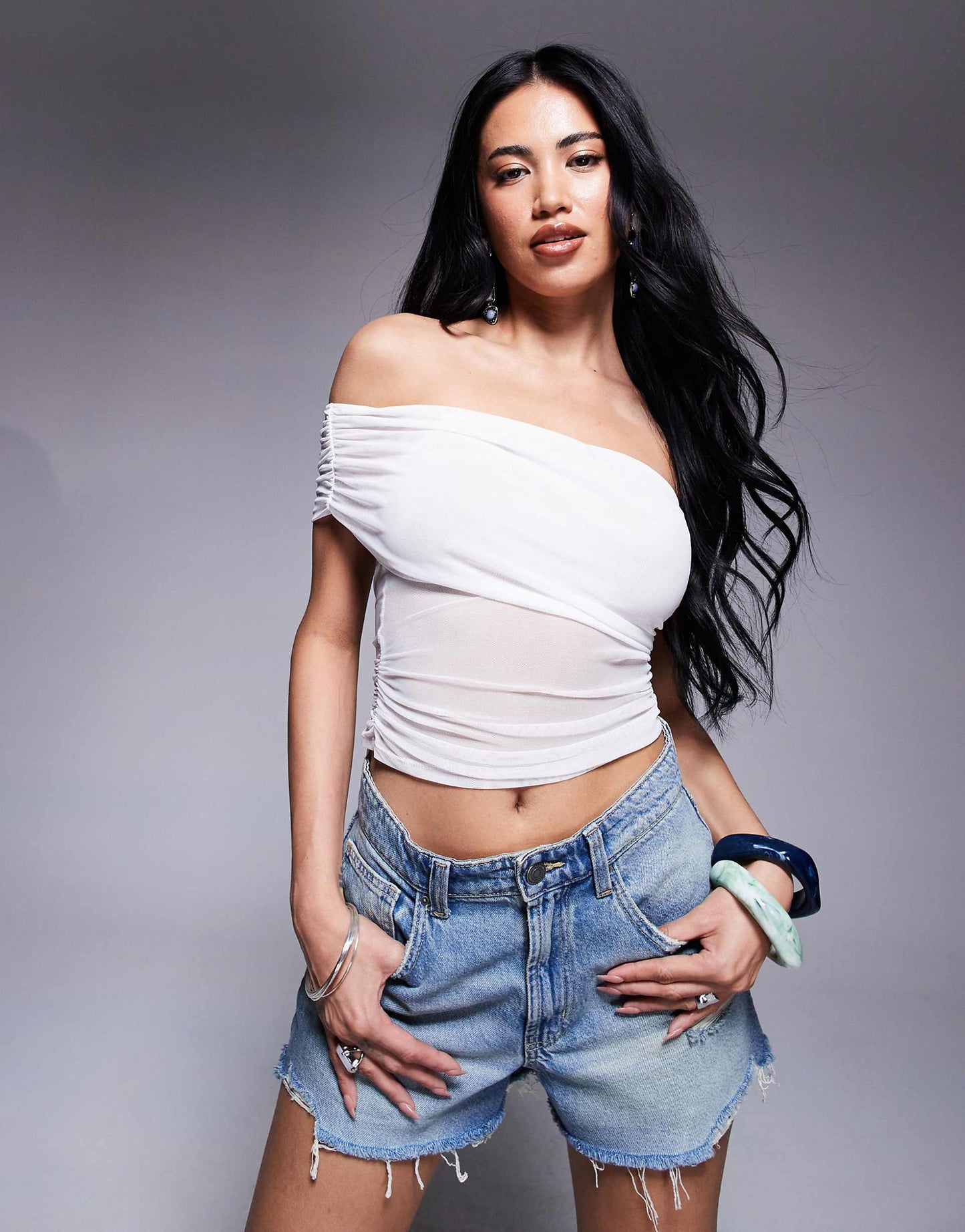 Mesh Ruched One Shoulder Top