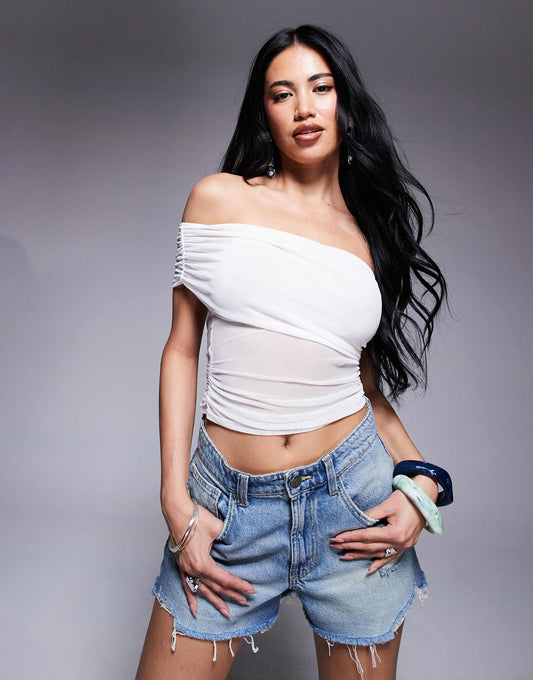 Mesh Ruched One Shoulder Top