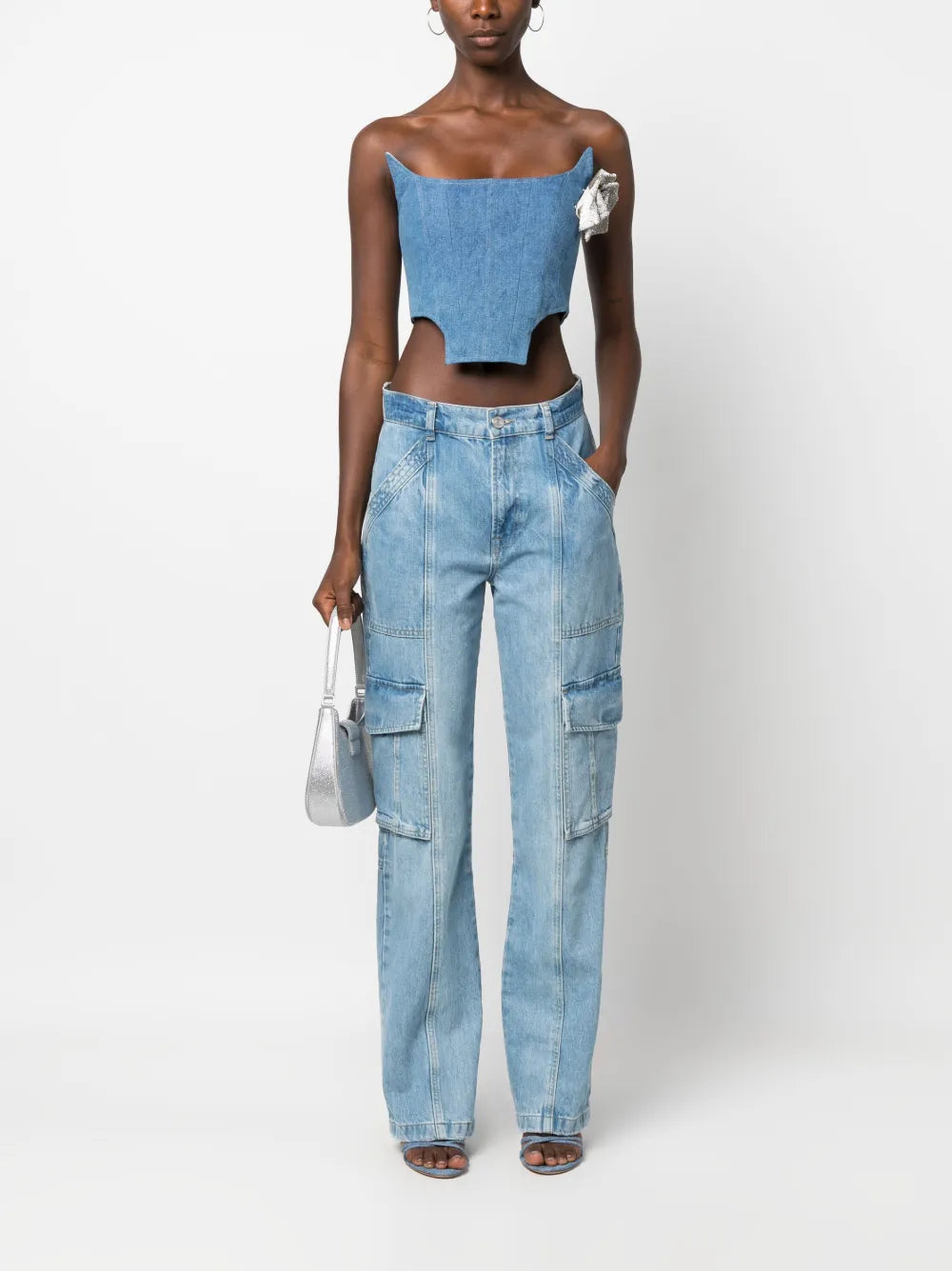 Floral-Appliqué Denim Corset