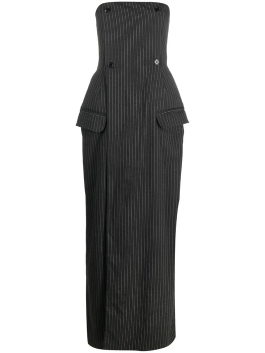Pinstripe-Pattern Bandeau-Style Maxi Dress