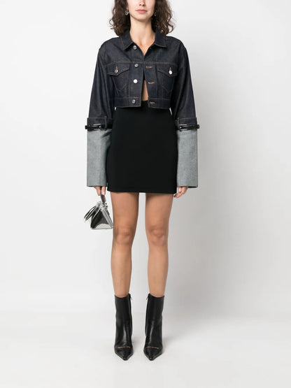 Contrast-Sleeve Cropped Denim Jacket