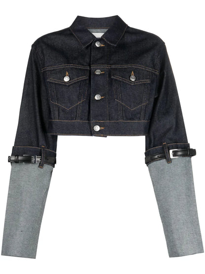 Contrast-Sleeve Cropped Denim Jacket