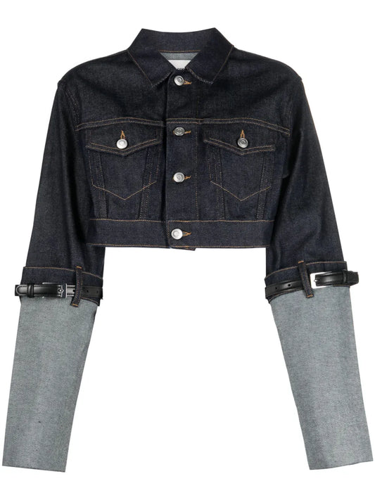 Contrast-Sleeve Cropped Denim Jacket