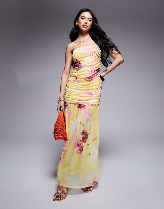 Ruched Bandeau Maxi Dress With Dropped Waist