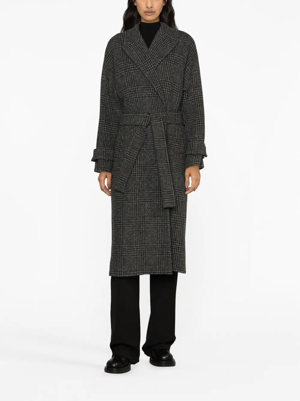 Plaid-Check Pattern Belted Trench Coat