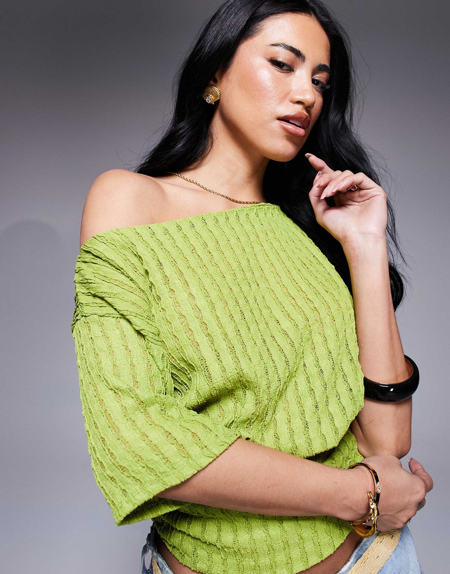 Asymmetric One Shoulder Short Sleeve Texture Top With Cinch Waist Detail