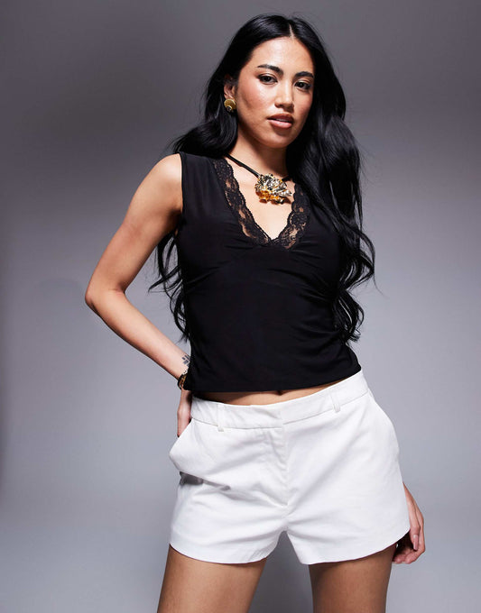 Slinky Plunge Lace Trim V Neck Top