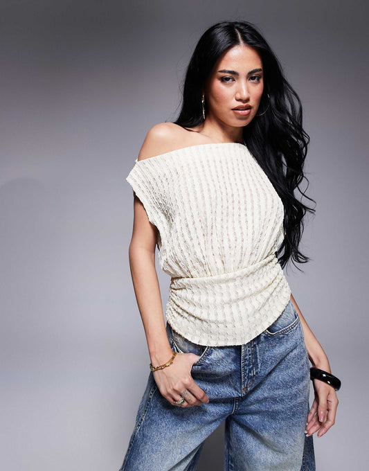Asymmetric One Shoulder Short Sleeve Texture Top With Cinch Waist Detail