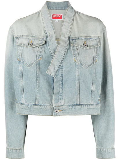 Faded-Effect Cropped Denim Jacket