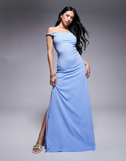 Twist Shoulder With Lace Up Back Textured Fabric Maxi Dress