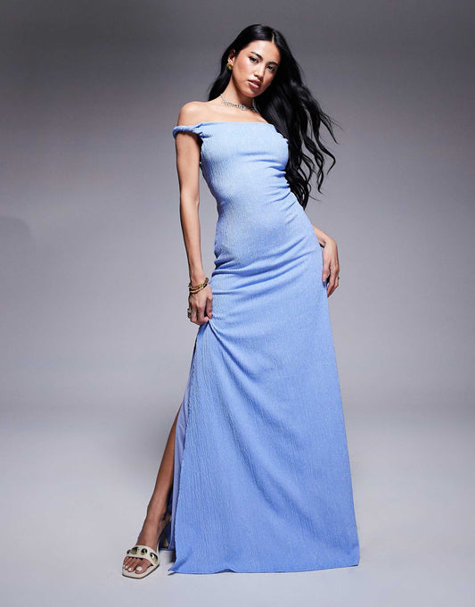 Twist Shoulder With Lace Up Back Textured Fabric Maxi Dress