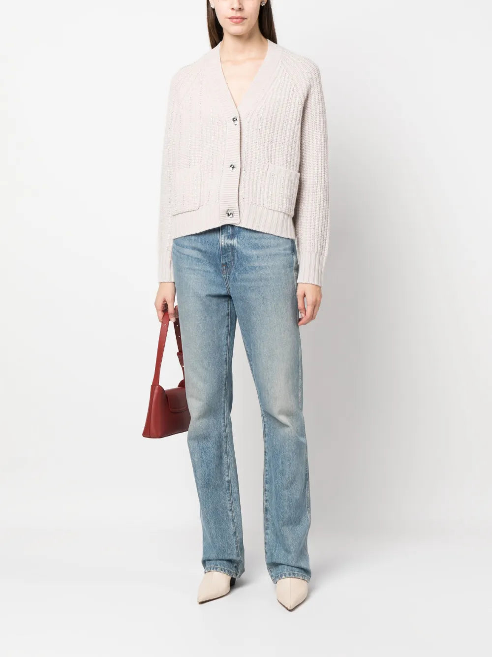 Rhinestone-Stripes Wool-Blend Cardigan
