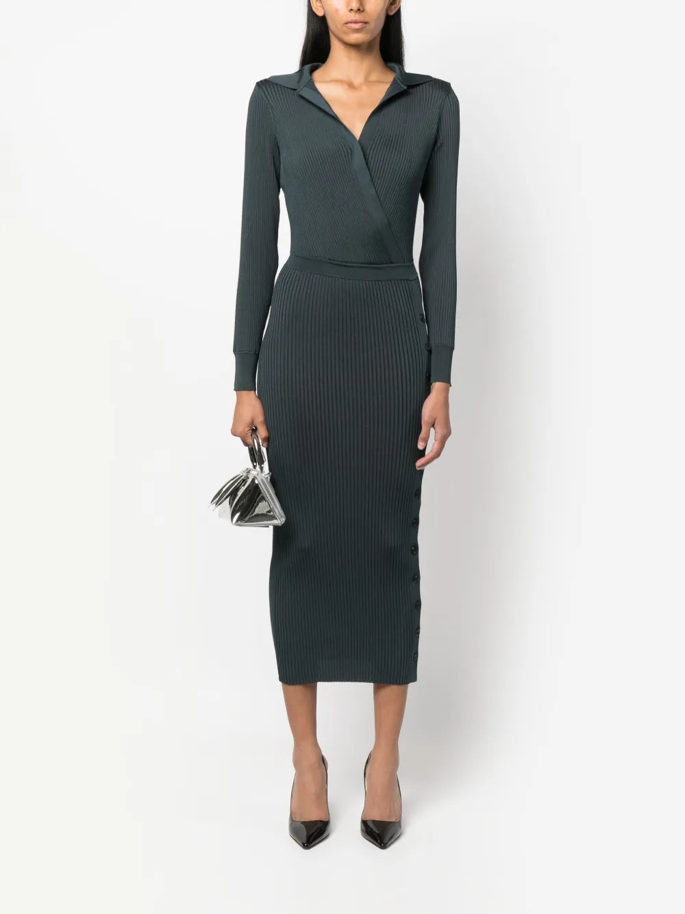 V-Neck Ribbed Midi Dress