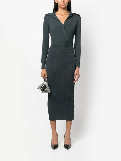 V-Neck Ribbed Midi Dress