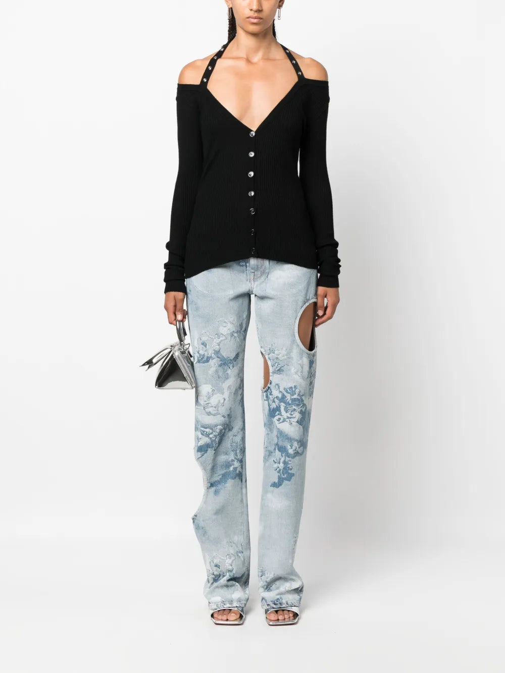 Halterneck Ribbed-Knit Cardigan