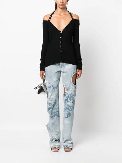 Halterneck Ribbed-Knit Cardigan