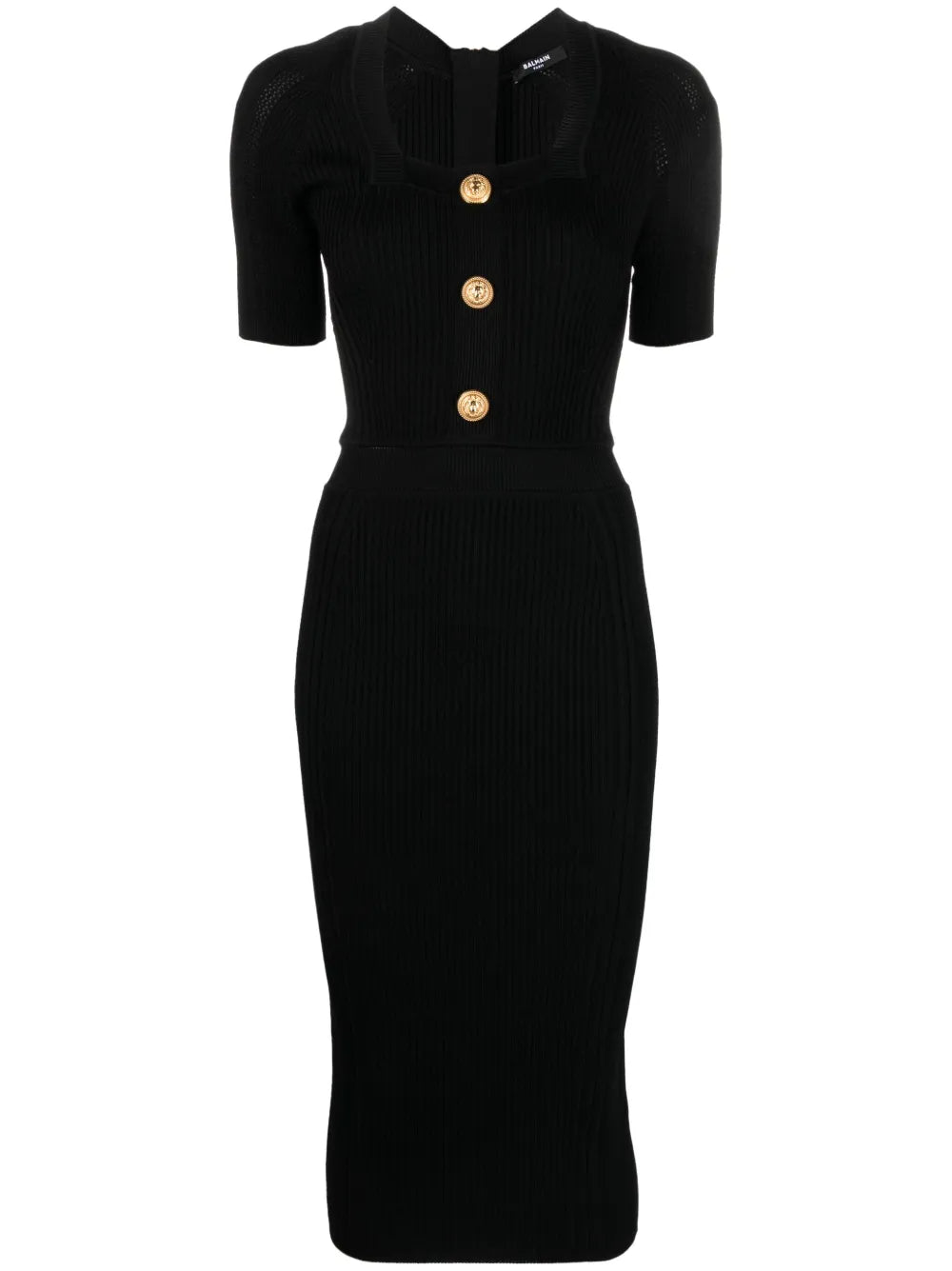 Button-Embellished Ribbed-Knit Dress
