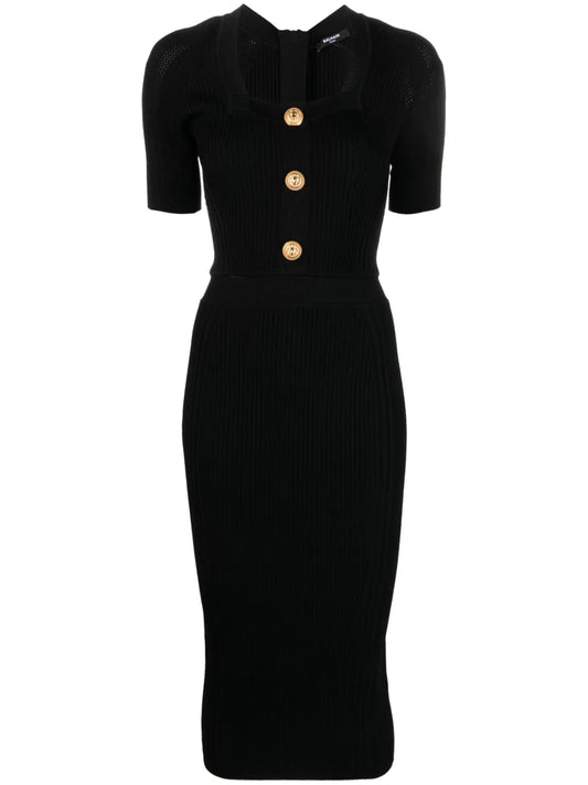 Button-Embellished Ribbed-Knit Dress