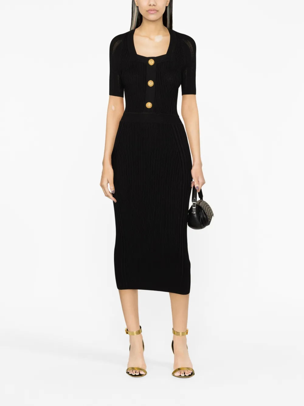 Button-Embellished Ribbed-Knit Dress