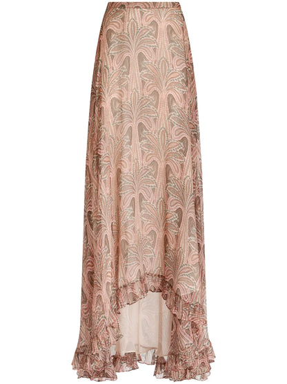 Palm Tree-Print Silk Maxi Skirt
