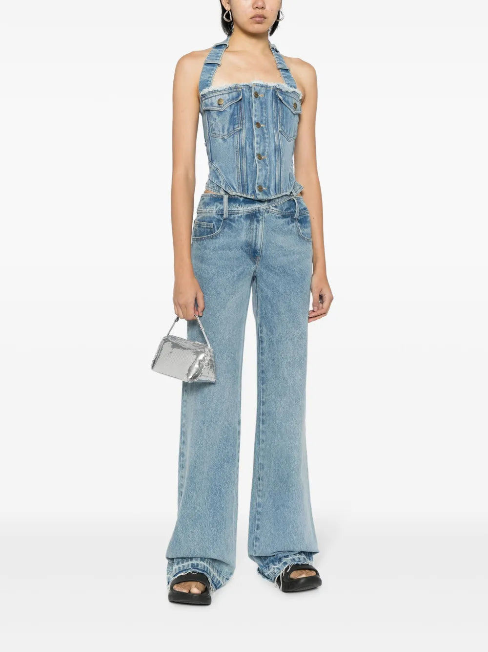 Halterneck Washed Denim Corset Top