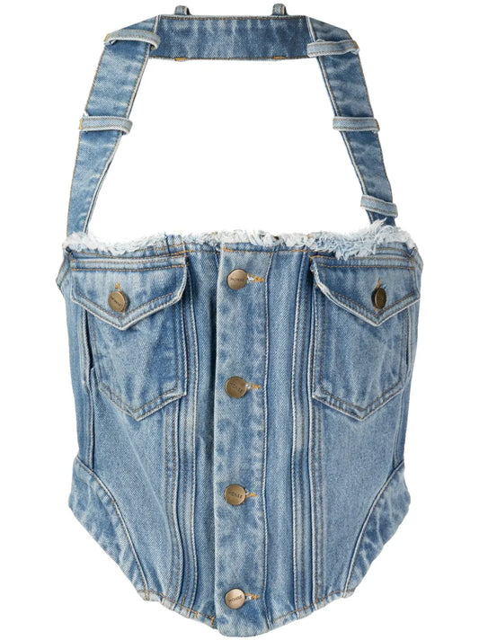 Halterneck Washed Denim Corset Top