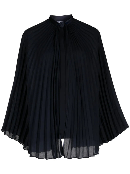 Pleated Band-Collar Blouse