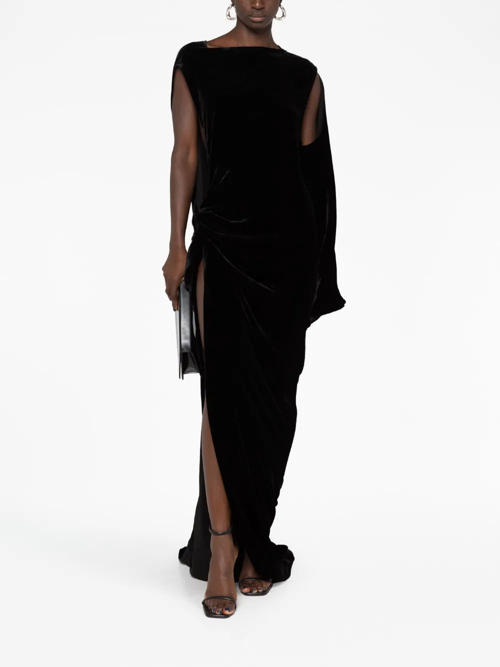 Gathered Asymmetric Velvet Gown