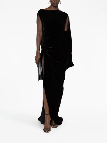 Gathered Asymmetric Velvet Gown