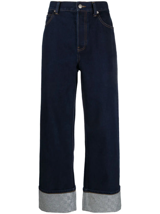 Crystal Embellished-Cuffs Wide-Leg Jeans