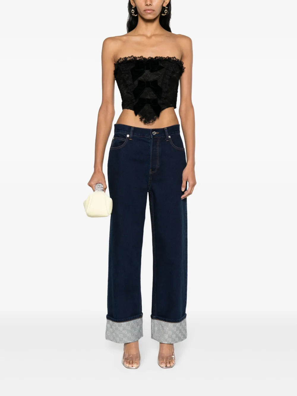 Crystal Embellished-Cuffs Wide-Leg Jeans