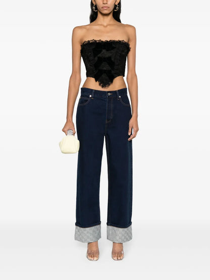 Crystal Embellished-Cuffs Wide-Leg Jeans