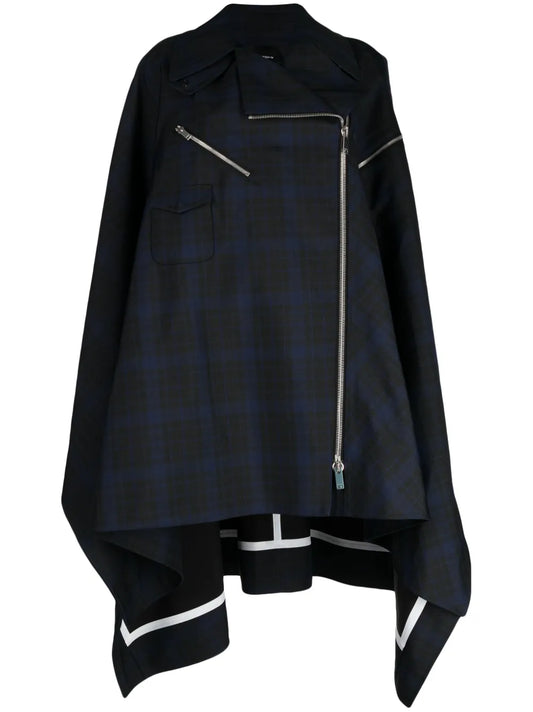 Checkered Asymmetric Zip-Up Cape
